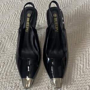 BUEUPU Black Patent Metal Cap Toe Slingback Heels Size 8.5 Stiletto Pointed Toe